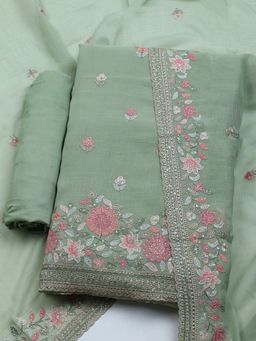 MEENA BAZAAR - Women Chiffon Green Floral Unstitched Kurta with Pant and Dupatta