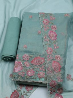 MEENA BAZAAR - Women Organza Green Floral Unstitched Kurta with Pant and Dupatta