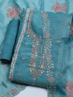 MEENA BAZAAR - Women Art Silk Blue Embroidered Unstitched Kurta with Pant and Dupatta