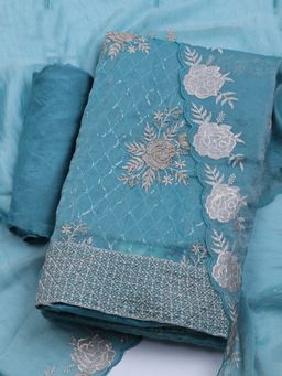 MEENA BAZAAR - Women Art Silk Blue Embroidered Unstitched Kurta with Pant and Dupatta