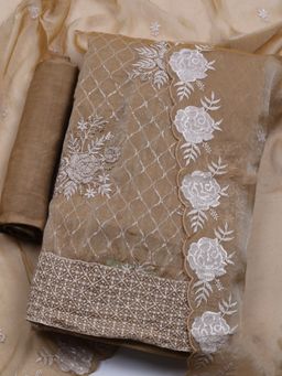 MEENA BAZAAR - Women Art Silk Brown Embroidered Unstitched Kurta with Pant and Dupatta