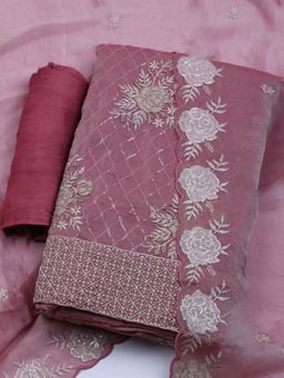 MEENA BAZAAR - Art Silk Pink Embroidered Unstitched Kurta with Pant and Dupatta
