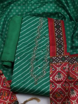 MEENA BAZAAR - Women Art Silk Green Stripes Unstitched Kurta with Pant and Dupatta