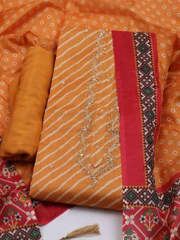 MEENA BAZAAR - Art Silk Orange Embroidered Unstitched Kurta with Pant and Dupatta