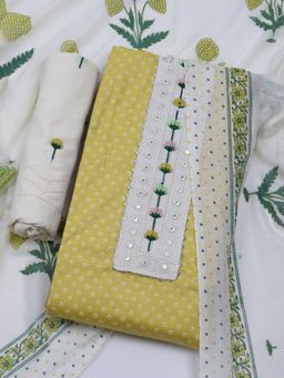 MEENA BAZAAR - Cotton Yellow Embroidered Unstitched Kurta with Pant and Dupatta