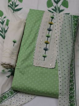 MEENA BAZAAR - Women Cotton Green Embroidered Unstitched Kurta with Pant and Dupatta