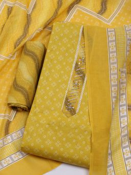 MEENA BAZAAR - Women Cotton Yellow Embroidered Unstitched Kurta with Pant and Dupatta