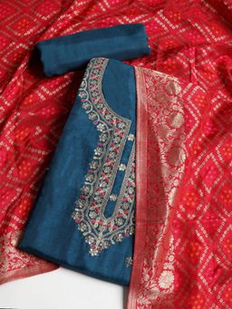 MEENA BAZAAR - Women Chanderi Blue Embroidered Unstitched Kurta with Pant and Dupatta