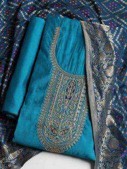 MEENA BAZAAR - Women Chanderi Blue Embroidered Unstitched Kurta with Pant and Dupatta