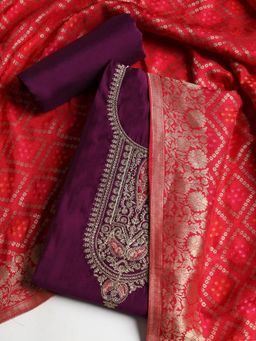 MEENA BAZAAR - Women Purple Embroidered Unstitched Kurta with Pant and Dupatta