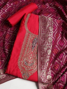 MEENA BAZAAR - Women Pink Embroidered Unstitched Kurta with Pant and Dupatta