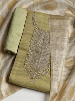 MEENA BAZAAR - Art Silk Green Embroidered Unstitched Kurta with Pant and Dupatta