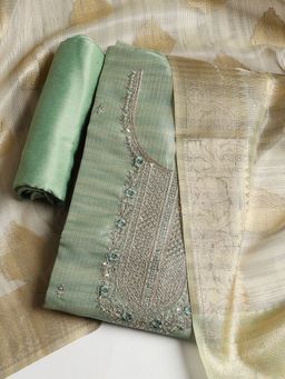 MEENA BAZAAR - Green Art Silk Embroidered Unstitched Kurta with Pant and Dupatta