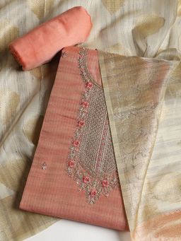 MEENA BAZAAR - Women Art Silk Pink Embroidered Unstitched Kurta with Pant and Dupatta