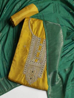 MEENA BAZAAR - Women Mustard Embroidered Unstitched Kurta with Pant and Dupatta