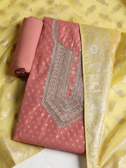 MEENA BAZAAR - Women Chanderi Peach Embroidered Unstitched Kurta with Pant and Dupatta