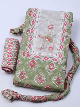 MEENA BAZAAR - Women Floral Cotton Green Unstitched Kurta with Pant and Dupatta