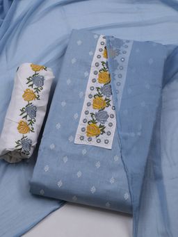 MEENA BAZAAR - Women Cotton Blue Embroidered Unstitched Kurta with Pant and Dupatta