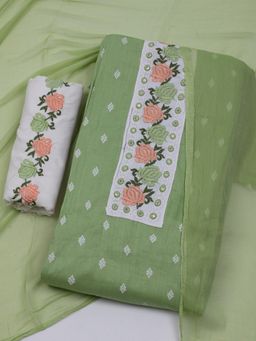 MEENA BAZAAR - Women Cotton Green Embroidered Unstitched Kurta with Pant and Dupatta
