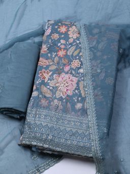 MEENA BAZAAR - Women Muslin Blue Floral Unstitched Kurta with Pant and Dupatta