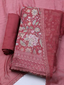 MEENA BAZAAR - Women Muslin Red Floral Unstitched Kurta with Pant and Dupatta