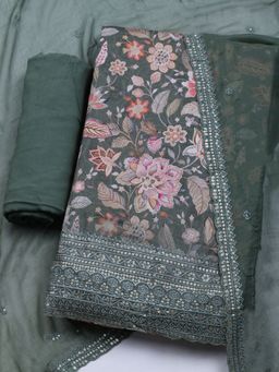 MEENA BAZAAR - Women Muslin Green Floral Unstitched Kurta with Pant and Dupatta