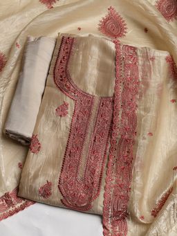 MEENA BAZAAR - Women Organza Beige Embroidered Unstitched Kurta with Pant and Dupatta