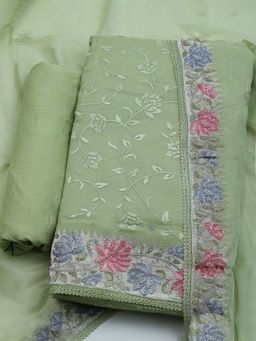 MEENA BAZAAR - Women Chanderi Green Floral Unstitched Kurta with Pant and Dupatta