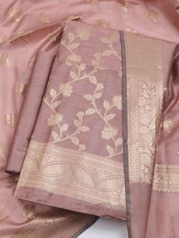 MEENA BAZAAR - Chanderi Pink Floral Unstitched Kurta with Pant and Dupatta