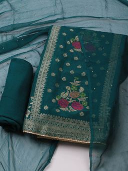 MEENA BAZAAR - Women Green Chanderi Floral Unstitched Kurta with Pant and Dupatta