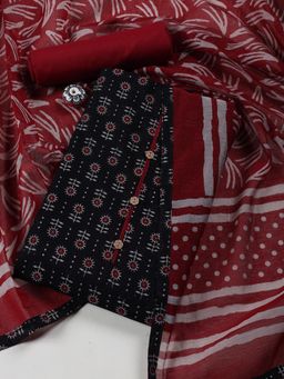MEENA BAZAAR - Women Cotton Black Printed Unstitched Kurta with Pant and Dupatta