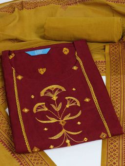 Kami Kubi - Women Cotton Red Embroidered Unstitched Kurta with Pant and Dupatta