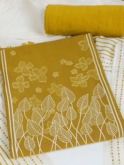 Kami Kubi - Women Cotton Yellow Floral Unstitched Kurta with Pant and Dupatta