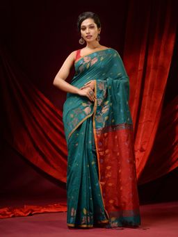 CHARUKRITI - Teal Blended Cotton Woven Buttas and Foliage Borders Saree with Unstitched Blouse