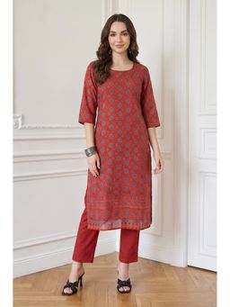 Aurelia - Women's Red Bandhani Printed Crepe Straight Kurta