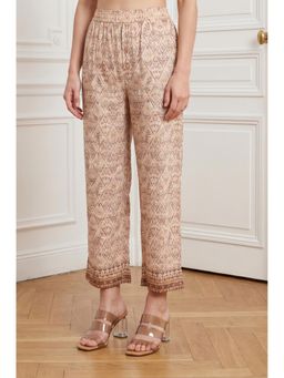 Aurelia - Women's Beige Ethnic Motifs Shimmer Straight Fit Pants