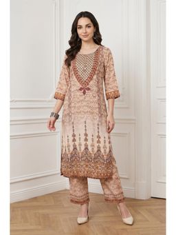 Aurelia - Women's Beige Ethnic Motifs Straight Kurta