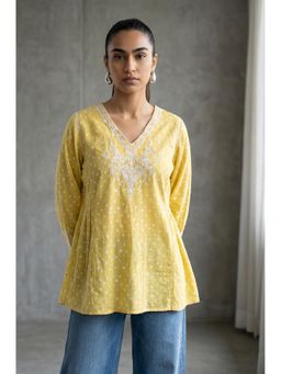 Folksong - Women's Yellow Bandhani Embroidered A-Line Tunic