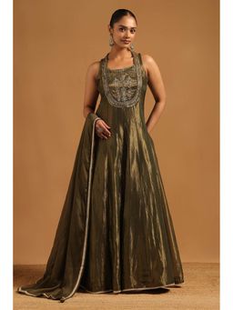 Soch - Womens Olive Tissue Hand Embroidery Gown with Dupatta