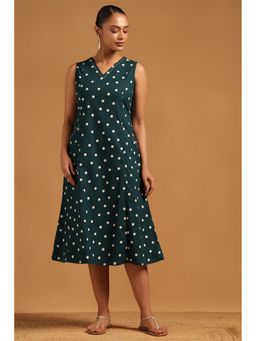 Soch - Womens Teal Cotton Polka Dots Dress with Unstitched Sleeves