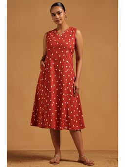 Soch - Womens Rust Cotton Polka Dots Dress with Unstitched Sleeves