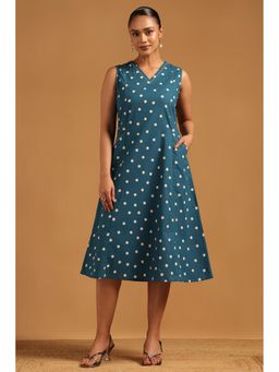 Soch - Womens Blue Cotton Polka Dots Dress with Unstitched Sleeves