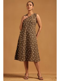 Soch - Womens Olive Cotton Polka Dots Dress with Unstitched Sleeves