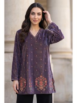 W - Purple Floral Printed Embroidered Velvet Tunic