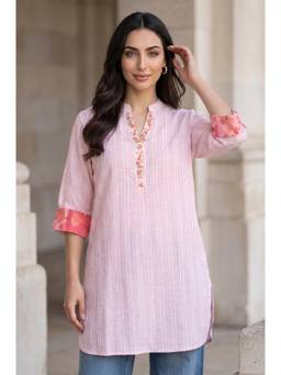 W - Light Pink Striped Embroidered Straight Tunic