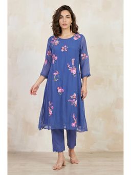 W - Blue Embroidered Organza Flared Kurta