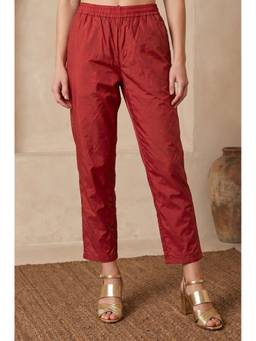 W - Maroon Solid Zari Chanderi Straight Fit Pants