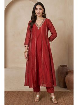 W - Maroon Zari Embroidered Chanderi A-Line Kurta