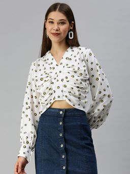 SHOWOFFFF - Women V-Neck Geometric Off White Crop Top