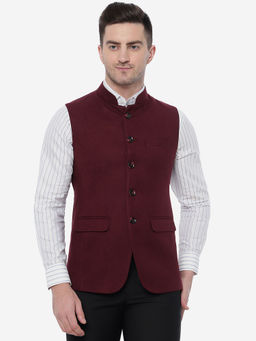 JB Studio - Men Wine Solid Bandhgala Jacket